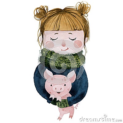 Lovely girl in a jacket and a scarf with a piglet, new year 2019, Cartoon Illustration