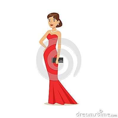 Lovely girl in long red evening dress. Colorful cartoon character vector Illustration Vector Illustration