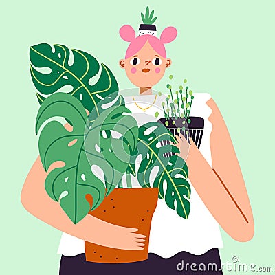 Lovely girl with a lot of house plants, plant lady, cartoon vector illustration Vector Illustration