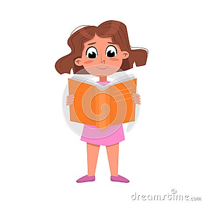 Lovely Girl Reading Book while Standing, Preschooler Kid or Elementary School Student Enjoying Literature Cartoon Style Vector Illustration