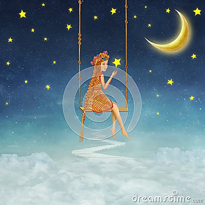 The lovely girl shakes on a swing Cartoon Illustration