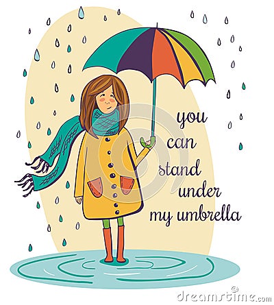 Lovely girl with umbrella under the rain Cartoon Illustration