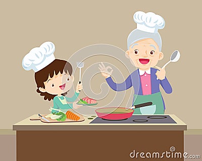 Lovely grandmother and child girl cooking in kitchen Vector Illustration
