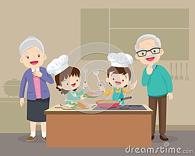 Lovely grandparent with grandchild boy and girl cooking in kitchen Vector Illustration