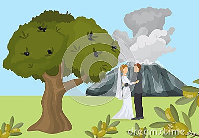 Lovely greece female, male pair wedding under tree flat vector illustration. Natural mountain landscape, volcano Vector Illustration
