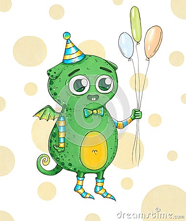 Lovely green monster with big eyes and balloons Cartoon Illustration