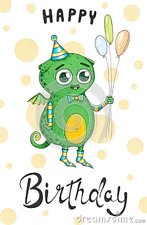 Lovely green monster with big eyes and balloons Cartoon Illustration