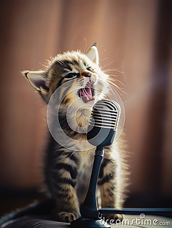 Lovely grey stripy kitten singing into microphone. Performing cat in the light beam. Close up. Generative AI Stock Photo