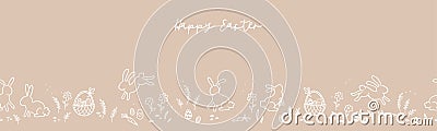 Lovely hand drawn horizontal Easter seamless pattern, cute bunnies, eggs ad flowers, great for spring textiles, banners, Vector Illustration