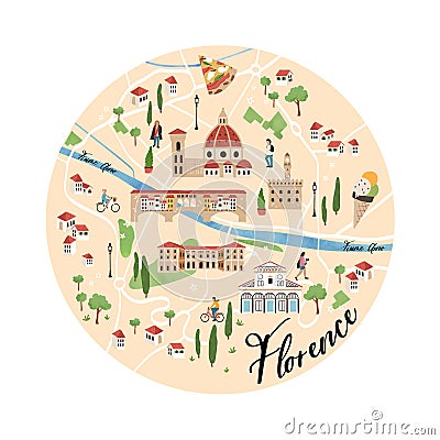 Lovely hand drawn map of Florence, Italy. Illustrated sights and cute decoration. Great for textiles, cards, tourist guides, Vector Illustration