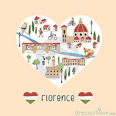 Lovely hand drawn map of Florence, Italy. Illustrated sights and cute decoration. Great for textiles, cards, tourist guides, Vector Illustration