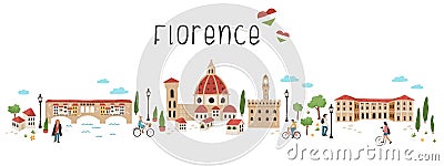 Lovely hand drawn map of Florence, Italy. Illustrated sights and cute decoration. Great for textiles, cards, tourist guides, Vector Illustration