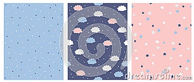 Set of 3 Seamless Vector Pattern with Blue, Pink and White Dots, Clouds and Stars. Pink and Blue Background. Vector Illustration