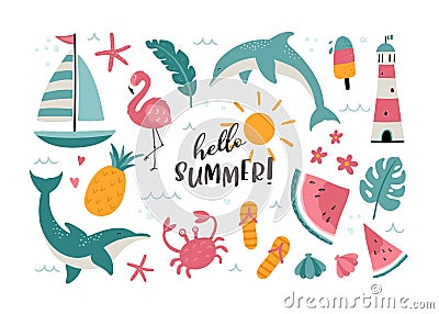 Lovely hand drawn summer doodles, cute beach elements with a lot of details, great for textiles, banners, wallpapers, wrapping - Vector Illustration