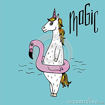 Lovely hand-drawn unicorn floating in an inflatable circle flamingo Vector Illustration