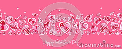 Lovely hand drawn Valentine's Day horizontal seamless pattern, cute decorated doodle hearts, great for textiles, banners, Vector Illustration