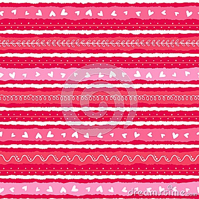 Lovely hand drawn Valentine's Day seamless pattern, cute decorated doodle hearts, great for textiles, banners, wallpapers, Vector Illustration