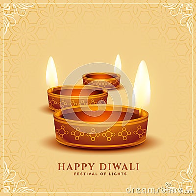 Lovely happy diwali realistic diya card design Vector Illustration