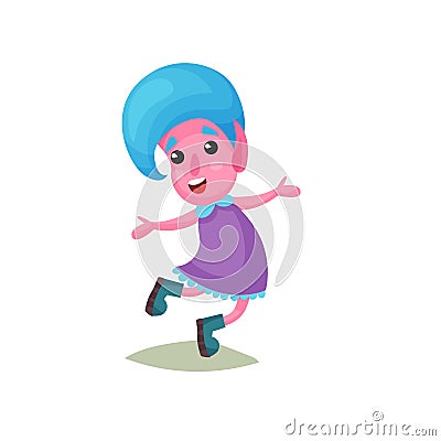 Lovely happy girl troll with blue hair and pink skin, funny fairy tale character vector Illustrations on a white Vector Illustration