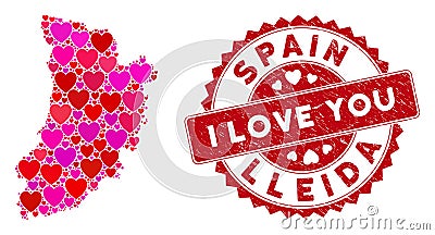 Lovely Heart Mosaic Lleida Province Map with Textured Watermark Stock Photo