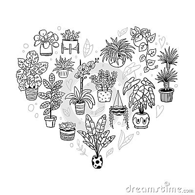 Lovely houseplants in heart shape. Vector Illustration