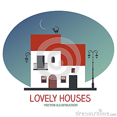 Lovely Houses under the moon. Cartoon Illustration