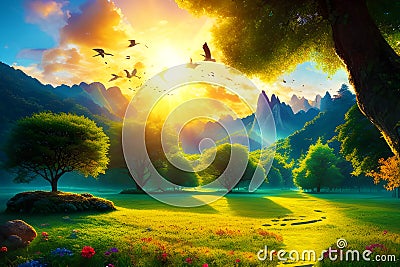 lovely landscape nature at morning generated by ai Stock Photo