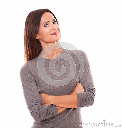 Lovely latin in grey blouse looking at you Stock Photo