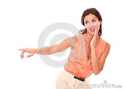 Lovely latin lady pointing to her right Stock Photo