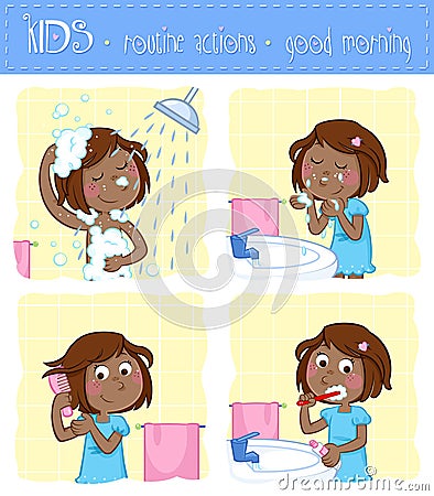 Lovely little black girl and good morning routine actions Cartoon Illustration
