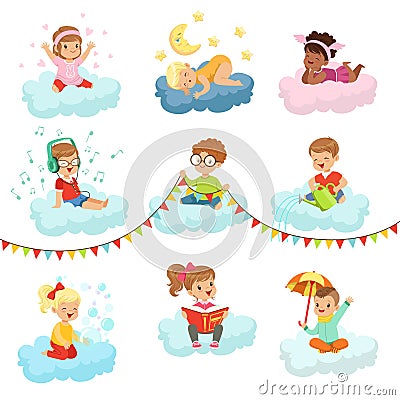 Lovely little boys and girls sitting on a clouds playing toys, listening music, reading book, sleeping, dreaming Vector Illustration