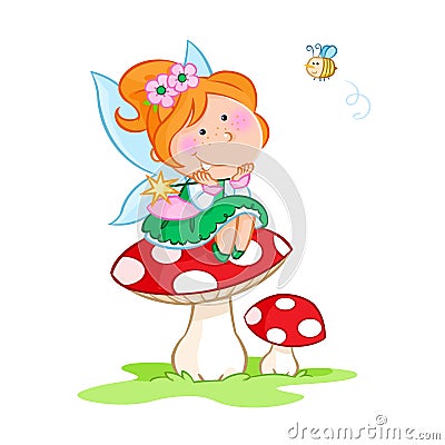 Lovely little fairy sitting on the red mushroom and cute little bee - white background Cartoon Illustration