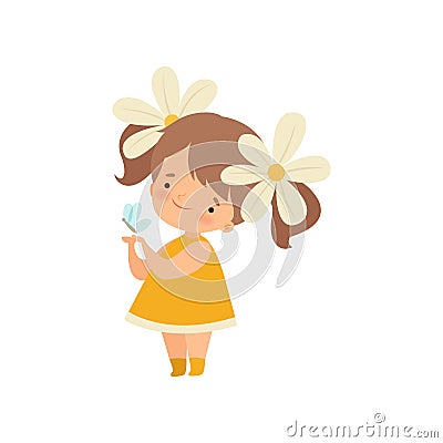 Lovely Little Girl with Chamomile Flowers in Her Hair Playing with Butterfly Cartoon Vector Illustration Vector Illustration