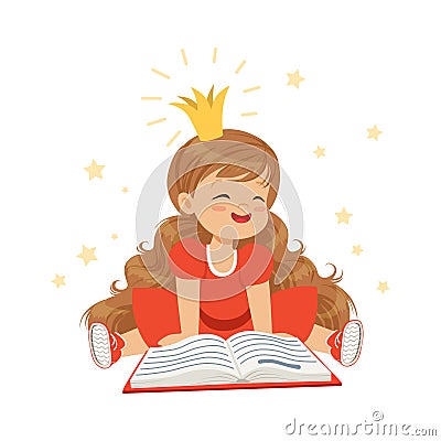 Lovely little girl in a crown and a red dress reading a book, kids imagination and fantasy, colorful character vector Vector Illustration