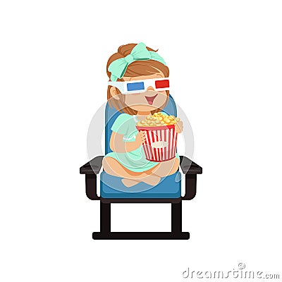 Lovely little girl in 3d glasses sitting on a blue chair, eating popcorn and watching 3D movie in the cinema vector Vector Illustration