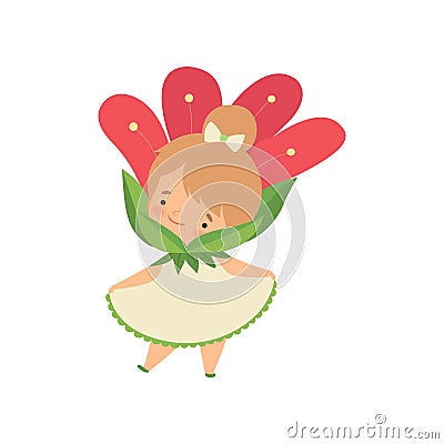 Lovely Little Girl Wearing Red Flower Costume, Adorable Kid Cartoon Character in Carnival Clothes Vector Illustration Vector Illustration