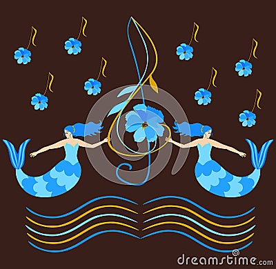 Lovely mermaids with blue hair hold a treble clef over the waves in the form of musical rulers. Vector Illustration