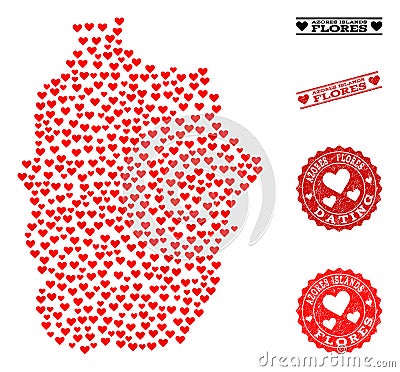 Lovely Mosaic Map of Azores - Flores Island and Grunge Stamps for Valentines Vector Illustration