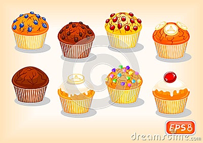 Lovely muffins with different flavors and crispy crust Vector Illustration