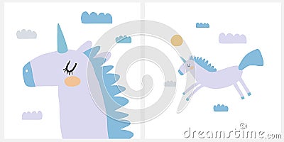 Lovely Nursery Vector Art with Cute Unicor. Light Violet Unicorn with Light Blue Tail. Vector Illustration