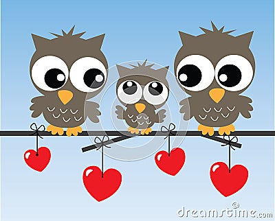 Lovely owl family sitting on a branch Vector Illustration