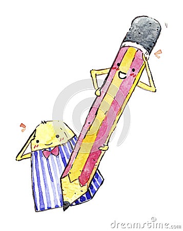 Lovely pencil and eraser isolated on white background, concept of working on a cross functional team, back to school, watercolor Cartoon Illustration