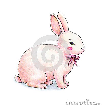 Lovely pink animation hare with a bow is isolated on a white background. Children`s fantastic drawing. Handwork color drawing Stock Photo