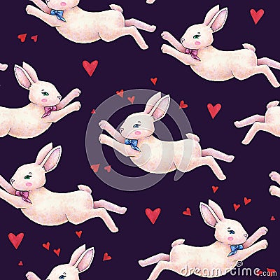 Lovely pink animation rabbit bunny hare with a bow in love on darkly blue background. Children fantastic drawing. Handwork drawing Stock Photo