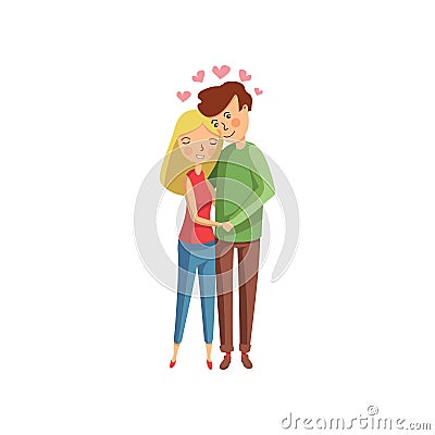Lovely hugging couple, pink hearts flying above their heads. Young girl and guy. Romantic theme. Flat vector design Vector Illustration