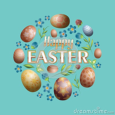 Lovely postcard template with decorated eggs on green background. Happy easter big text. Realictic vector illustration for spring Cartoon Illustration