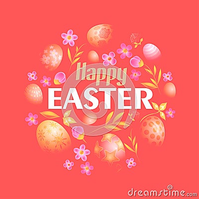 Lovely postcard template with decorated eggs on red background. Happy easter big text. Realictic vector illustration for Vector Illustration