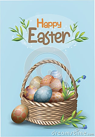 Lovely postcard template with wicker basket with decorated eggs and green twig. Blue background. Happy easter text. Realictic Cartoon Illustration