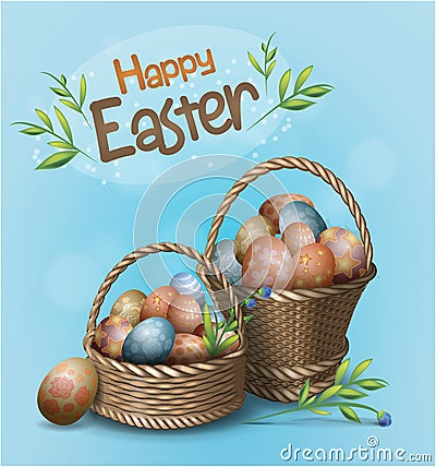 Lovely postcard template with wicker baskets with decorated eggs and green twig. Blue background. Happy easter text. Realictic Cartoon Illustration