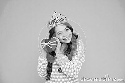 Lovely present. Gifts shop. Kid crown symbol glory. Happy childrens day. Shopping day. Birthday surprise. Cute smiling Stock Photo